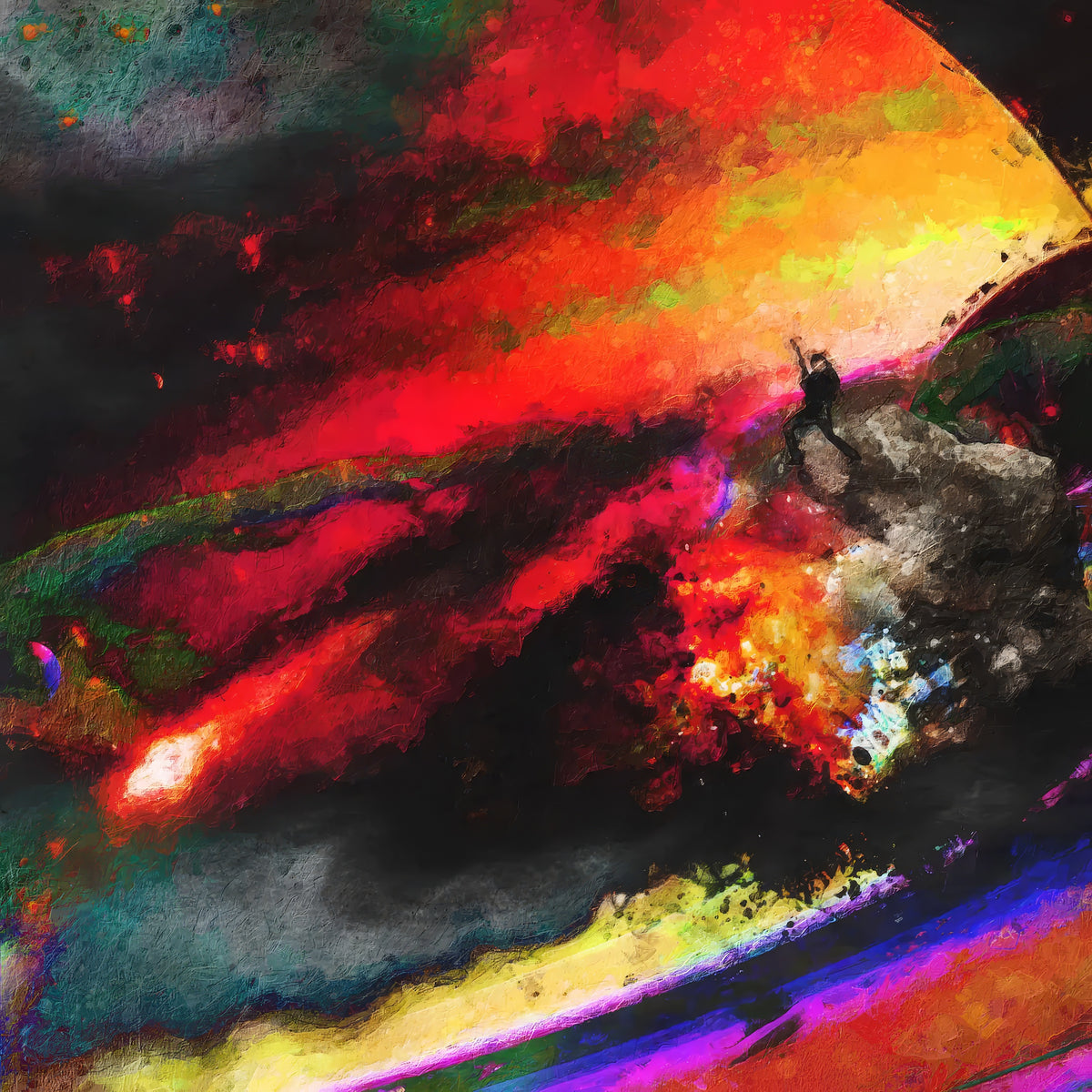 Intergalactic Glucose: A lone figure plays guitar on an asteroid drifting above Saturn's rings, a red comet streaking through the dark.